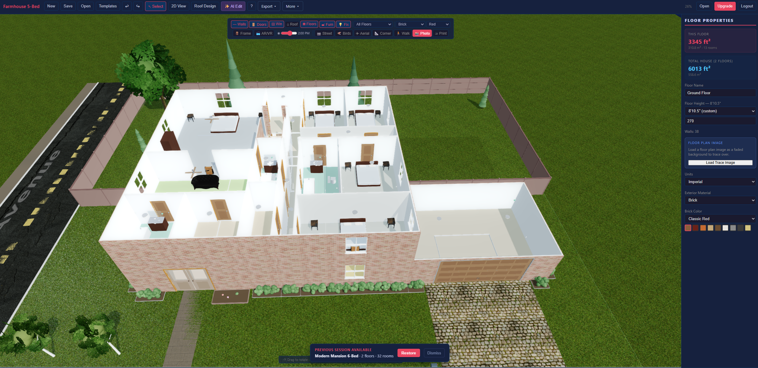 HomeDraft 3D house overview with rooms, yard, and floor properties