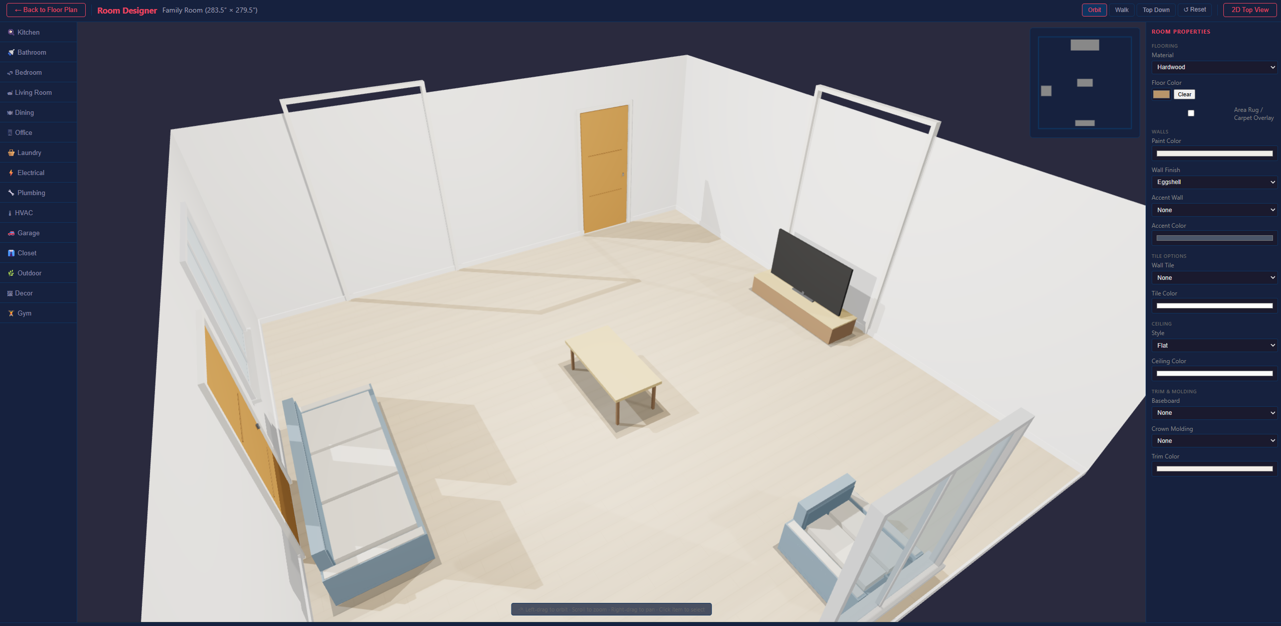 HomeDraft Room Designer showing a furnished family room and materials panel