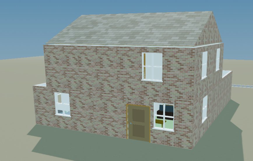 3D exterior render of a two-storey brick house with a shingled roof