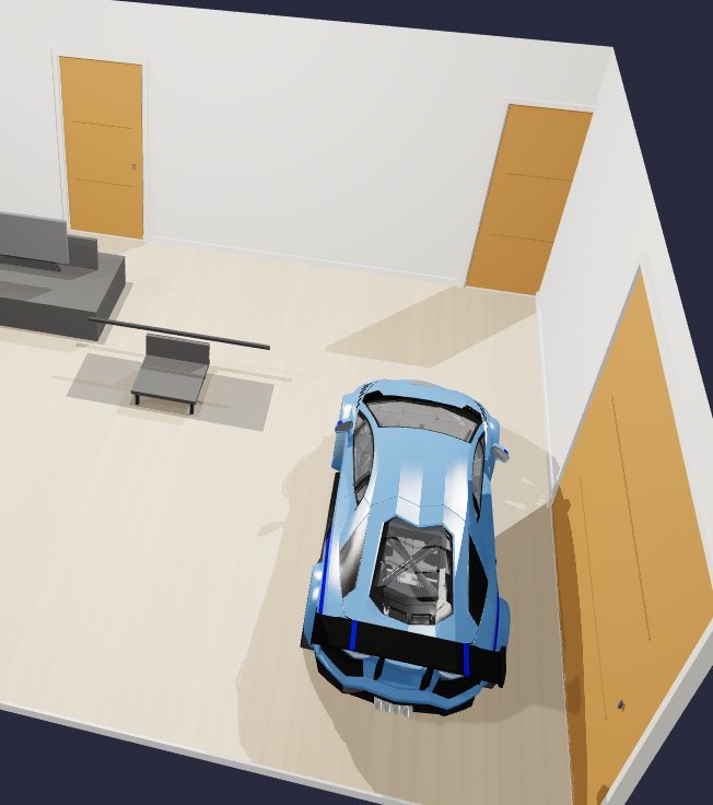 3D interior view of a two-car garage with a sports car and workbench