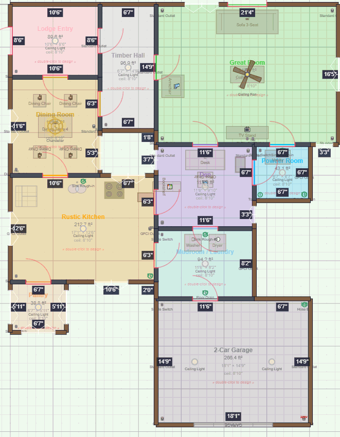 Dimensioned 2D floor plan with labelled rooms, square footage, furniture and electrical symbols